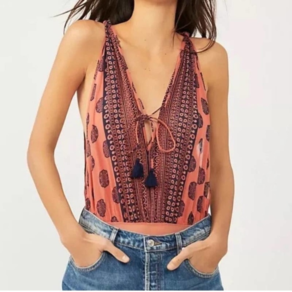 Free People Coral Pink Printed Tie-Front Bodysuit